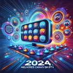 DALL·E 2024 08 13 21.54.01 A vibrant digital illustration representing Os Melhores Canais IPTV em 2024. The image features a futuristic TV screen with a sleek interface displa