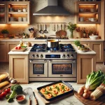 DALL·E 2025 01 01 12.01.31 A beautifully arranged kitchen with a modern 5 burner stove in the center surrounded by fresh ingredients and tools for cooking. The setting includes